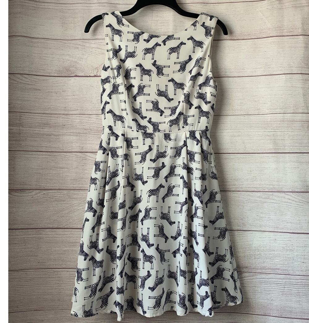LA Soul White Sleeveless Dress with Navy Blue Zebras Short A-Line Size Small